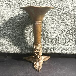 2pc Antique Brass Sprouted Floral Bud Vase Trumpet Flower